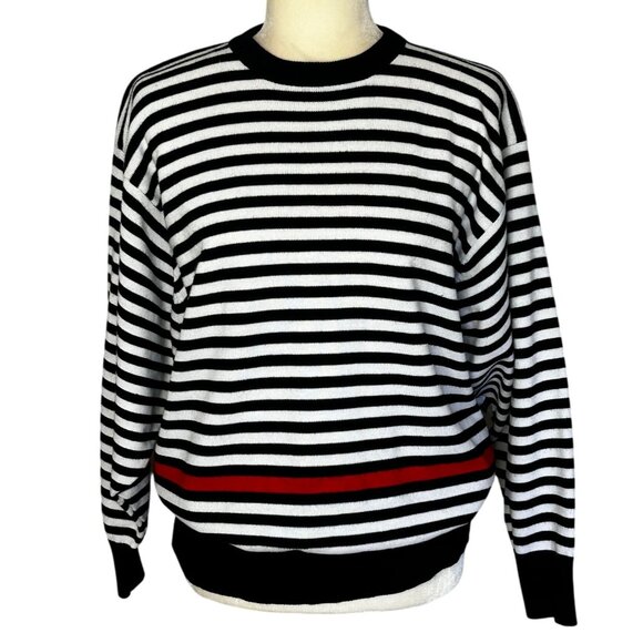 Shapely Knits Sweaters - Vintage 80s Dolman Sleeve Stripe Sweater Oversized Graphic Black White Red